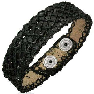 B260 8.66" Genuine Black Leather Crossover Weave Snap Bracelet: Mission: Jewelry