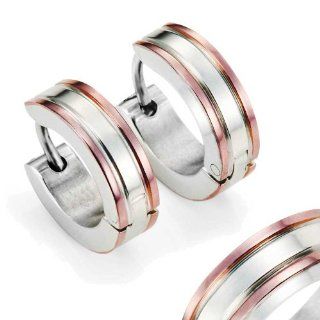 Stainless Steel Two Tone "Hinged Snap" Huggie Earrings with Coffee IP Edges, 10mm Diameter: Hoop Earrings: Jewelry