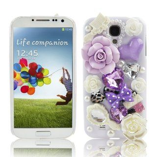 Generic White Handmade 3D Bling Hard Case for Samsung Galaxy S4 S IV i9500 i9505 with Purple Flower Bow Heart White Mirror Comb Bag Pearl Crystal Diamond Cover Cell Phones & Accessories