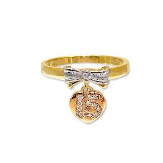 14k Yellow and Rose Gold, Bow & Heart Design Dangling 15 Anos Quinceanera Ring with Brilliant Lab Created Gems: Jewelry
