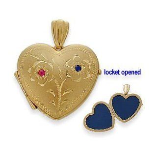 10 Karat Yellow Gold Ruby & Sapphire Heart Locket with Design with 20 Inch Chain: Elite Jewels: Jewelry