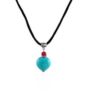 Necklace   N18  Genuine Turquoise Semi Precious Gemstone and Coral on Black Silky Satin Cord ~ Heart Shape: Jewelry