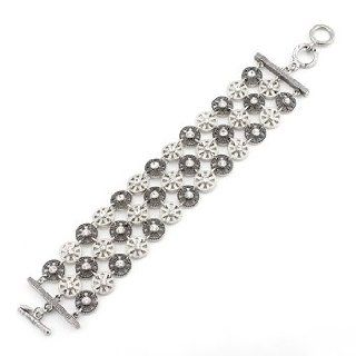 White Gold Rhodium and Hematite Bonded to Brass Alloy 7.5 Inch Bracelet with Round Cut Clear Crystal and Toggle Clasp in Tutone: Link Bracelets: Jewelry