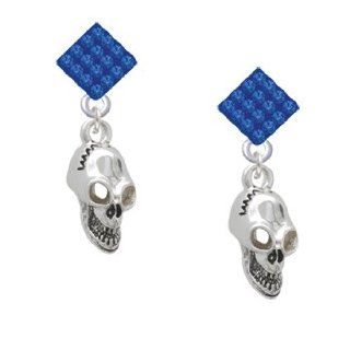 Medium Silver Skull Blue Sapphire Crystal Diamond Shaped Lulu Post Earrings: Dangle Earrings: Jewelry