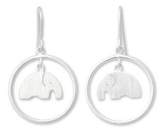 Sterling silver dangle earrings, 'Elephant Circle'   Unique Sterling Silver Dangle Earrings Jewelry