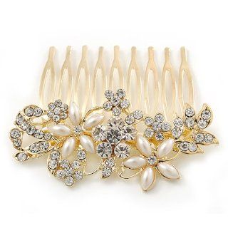 Bridal/ Wedding/ Prom/ Party Gold Plated Clear Crystal and Light Cream Simulated Pearl Floral Hair Comb   50mm: Jewelry