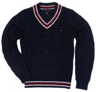 Tommy Hilfiger Mens Cable Knit V Neck Sweater   M   Navy at  Mens Clothing store