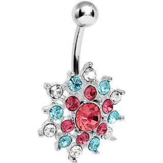 Crystalline Pink Aqua Gem Bursting Flower Belly Ring Body Candy Jewelry