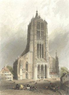 GERMANY: Ulm cathedral: horse cart building tree, antique print, 1842  