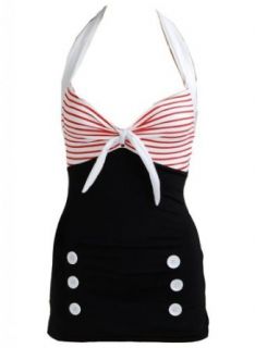 Stripe Black Retro Pin up Rockabilly Sailor Nautical Swimsuit Swimwear (XX Large) at  Womens Clothing store