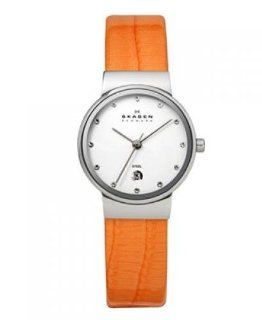 Skagen Women's 355SSLO8A1 Steel Mother of Pearl Dial Orange Leather Strap Watch: Skagen: Watches