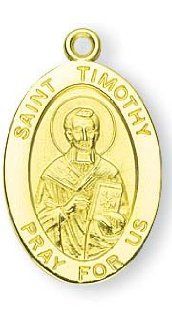 14K Gold Oval St. Timothy w/ 14K Gold Jump Ring Boxed 1/2"x7/8" Patron Saint St. Medal Pendant Necklace In Gift Box: Jewelry