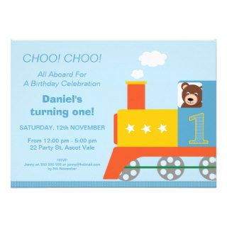 Boys 1st Birthday Bear Train Invitation