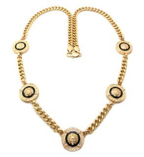 Hot Celebrity Style Five Small Gold/Black Medusa Pendants w/8mm 30" Cuban Link Chain Necklace XC373G: Jewelry