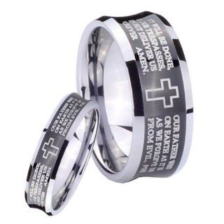 His & Her's Tungsten Christian Cross Bible Scroll Etch Concave Black Two Tone Ring Set Size 7, 9: Jewelry