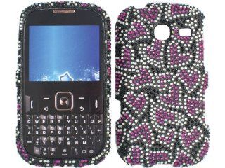 Pink Hearts Black Bling Rhinestone Diamond Crystal Faceplate Hard Skin Case Cover for Samsung Freeform 3 SCH R380 Cell Phones & Accessories