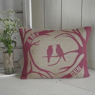 personalised love birds cushion by rustic country crafts