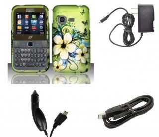 Samsung S390G   Accessory Combo Kit   Green Hibiscus Butterfly Flower Design Shield Case + Atom LED Keychain Light + Wall Charger + Car Charger + Micro USB Cable: Cell Phones & Accessories