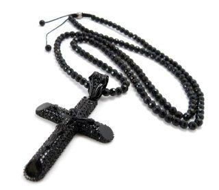 Iced Out Jesus on Cross Pendant w/36" 6mm Jet Black Glass Bead Chain BMP402BP: Pendant Necklaces: Jewelry