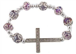 8 Pieces of Purple Iced Out Sideways Cross Ornamental Style Beaded Stretch Bracelet: Jewelry