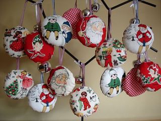 handmade retro fabric christmas decorations (set of 4) by auntie mims