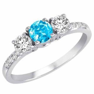 Ryan Jonathan Sterling Silver Round 3 Stone Diamond and Blue Topaz Engagement Ring With Pave Set Shank (1.00 cttw)   Size 6: Jewelry