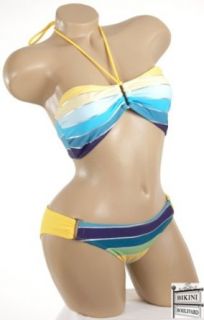 Blue Yellow Stripe Bikini Halter Bandeau Swimsuit JUNIOR SIZE XL: Clothing