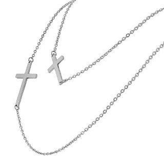 Stainless Steel Silver White Gold Tone Long Double Chain Two Womens Horizontal Cross Pendant Necklace Long Pendant Necklaces For Women Jewelry