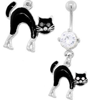 Black Cat with CZ Eyes Belly Button Ring   Halloween Body Jewelry: FreshTrends: Jewelry