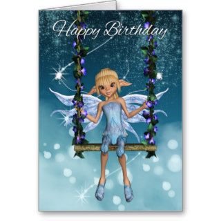 Happy Birthday cute fairy on flower swing, blues Greeting Cards