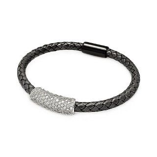 .925 Sterling Silver Black Rhodium Plated Braided Italian Bracelet Band with Rhodium Plated Pave CZ Bar Center   7" Inches: Goldenmine: Jewelry