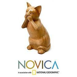 Handcrafted Suar Wood 'Speak No Evil Cat' Sculpture (Indonesia) Novica Statues & Sculptures