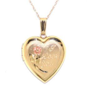 14K Yellow Gold Floral I Love You Heart Locket Pendant: Jewelry
