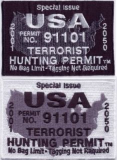 Terrorist Hunting Permit Logo Embroidered Iron on / Sew on Patch (Black): Clothing