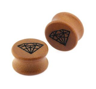 Pair of 0G Double Flared Carved Organic Diamond Design Sawo Wood Ear Plugs Gauges Jewelry