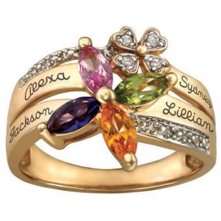 10K Gold Plated Sterling Silver Family Birthstone Flower Ring with CZ