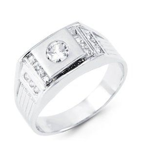 Mens Solid 14k White Gold Round CZ Rectangle Crown Ring: Jewelry