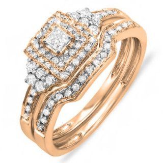 0.55 Carat (ctw) 14k Gold Princess & Round Diamond Ladies Bridal Engagement Ring With Band Set 1/2 CT: Jewelry