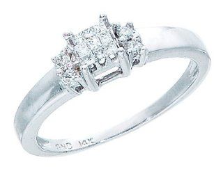 14K White Gold Illusion Setting Invisible Set Princess Cut White Diamonds Square Center with Side Stones Pave Set White Round Diamonds Wedding Engagement Ring ( 0.15 cttw H   I Color I1 Clarity )   Size 8.5 Jewelry