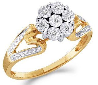 Diamond Ring Cluster Solitaire Setting Engagement 10k Yellow Gold: Right Hand Rings: Jewelry