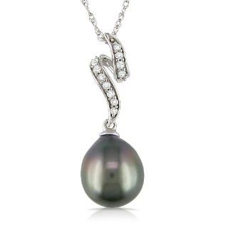 10k White Gold Black Tahitian Cultured Pearl with Diamond Accent Pendant Necklace (1/10 Cttw, H I Color, I2 I3 Clarity), 17": Jewelry