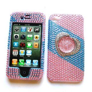 Apple iPhone 4 & 4S Snap on Protector Hard Case Rhinestone Cover "Silver Diamond Heart with Gem, Pink & Blue" Design: Cell Phones & Accessories