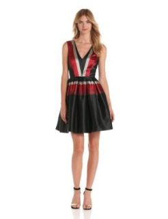 Zac Zac Posen Women's Large Stripe Faille V Neck Sleeve Dress, Black/Red/Taupe, 10 at  Womens Clothing store