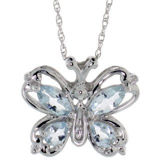 10k White Gold 18 in. Thin Chain & 1/2 in. (13mm) tall Butterfly Pendant, w/ 1.00 Total Carat Pear & Marquise shaped Aquamarine Stones, & Brilliant Cut Diamonds Jewelry