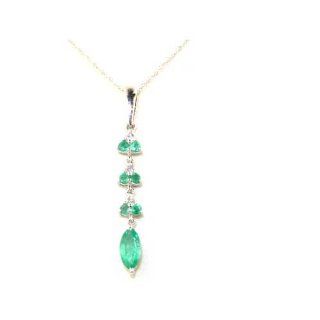 9K White Gold Marquise Shape Emerald & Diamond Drop Pendant & 18" Chain Necklace: Jewelry