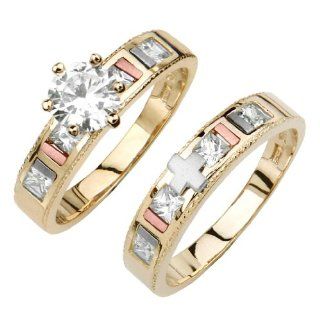 14K Tri color Gold High Polish Finish Round Princess Top Quality Shines CZ Cubic Zirconia Solitaire Ladies Engagement Ring and Wedding Band 2 Piece Set: The World Jewelry Center: Jewelry