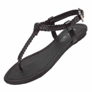 Luxury Divas Black Grecian Styled Braided Strap Thong Flat Sandal Shoe Shoes