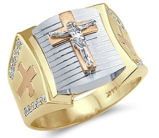 Solid 14k Tri Color Gold Mens Large Cross Crucifix Ring: Jewelry