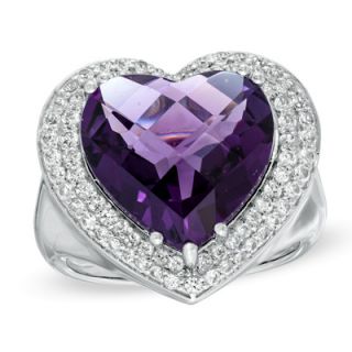 Heart Shaped Lab Created Amethyst and White Sapphire Ring in Sterling