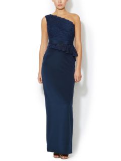 Silk One Shoulder Lace Peplum Gown by Notte By Marchesa
